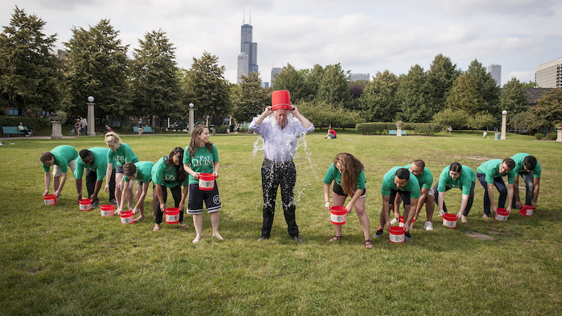 Governor Pat Quinn of Illinois taking the Ice Bucket Challenge with campaign staff, August 16. Image: Pat Quinn (Flickr)