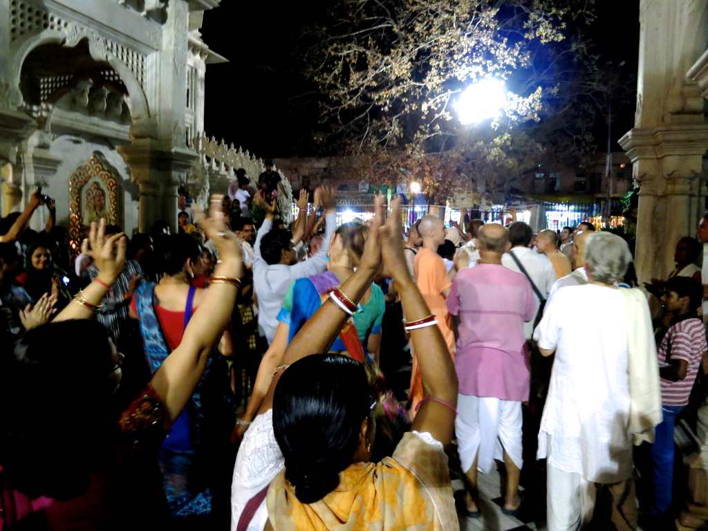 Hare Krishnas dance and chant inside Krishna Balaram Mandir, ISKCON's principal temple in Vrindavan, India