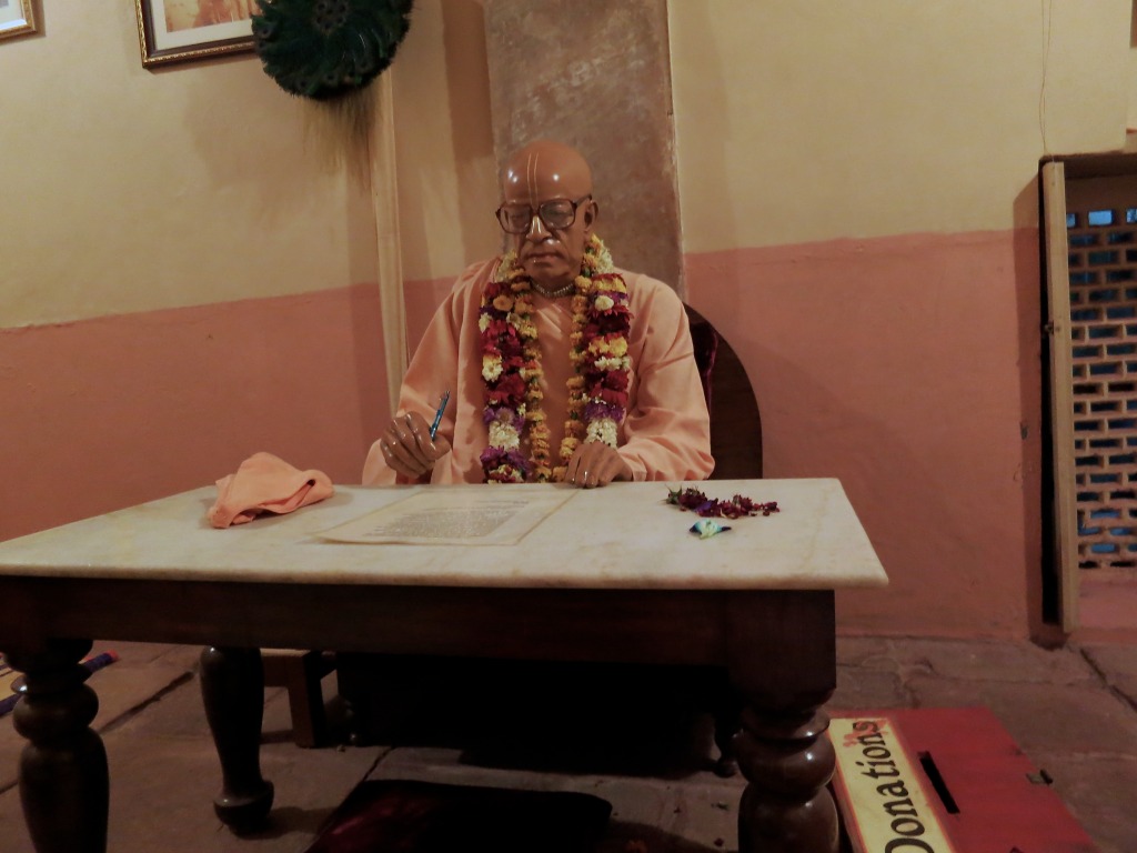 Plastic sculpture of Prabhupada, the late founder of ISKCON, in the temple cell where he stayed during trips to Vrindavan, India