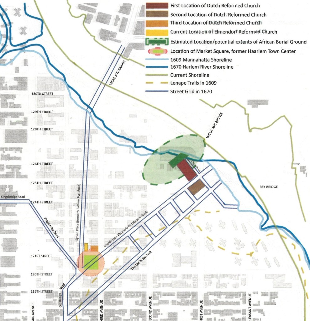 Map situating the African Burial Ground in Harlem. Credits: Hunter College Report for the Harlem African Burial Ground Task Force, by Erin Congdon, Dan Competillo, and Zac Campbell. 